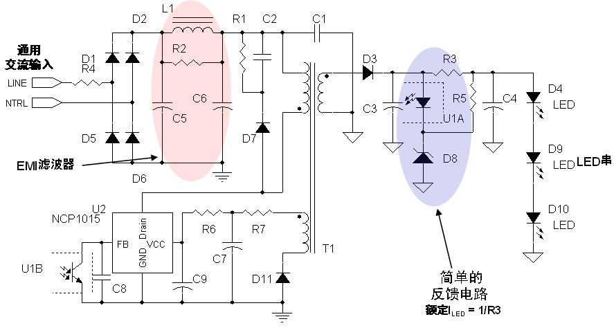 圖2:安森美半導(dǎo)體8 W LED驅(qū)動應(yīng)用電路示電圖(輸入電壓為85至264 Vac)。