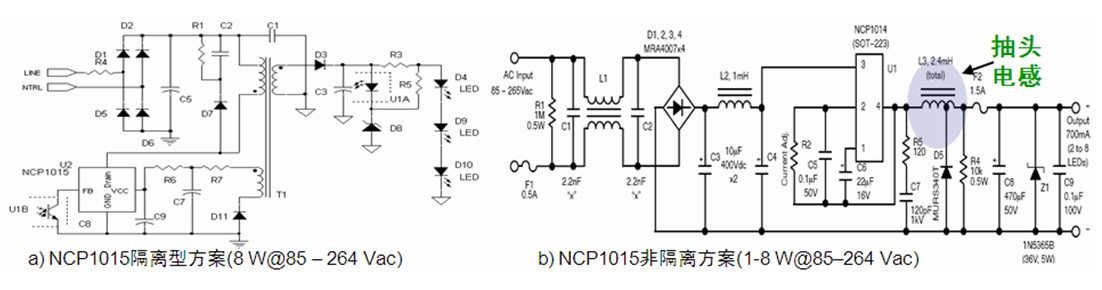 圖1:基于安森美半導(dǎo)體NCP1015的1至8 W隔離型(a)及非隔離型(b) LED照明方案