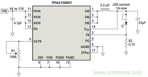 電位計R1實現的模擬亮度調節LED驅動器