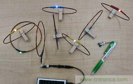 用來驗證&ldquo;直流共振方式&rdquo;的試制系統(tǒng)。在線圈間傳輸電力，點(diǎn)亮LED