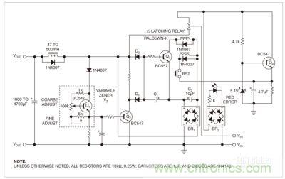 這個保護電路的核心是雙穩鎖存繼電器，防止負載因過壓和錯誤極性而遭損壞