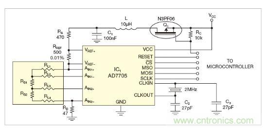 圖1:測量電路測三個(gè)點(diǎn)的值,微控制器就可以計(jì)算出傳感器值