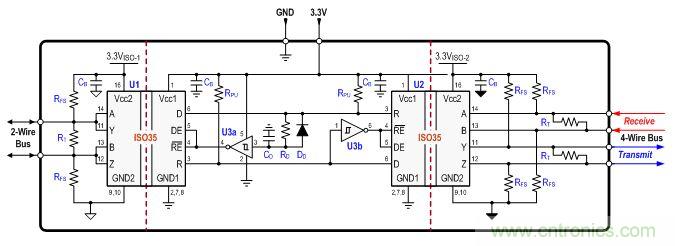 圖 4 :雙隔離式二到四線轉換器設計