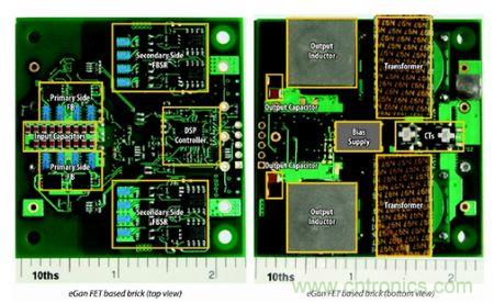 圖6：采用eGaN FET設計的48V至53V半磚PSE轉換器的頂視圖和底視圖(單位為英寸)。