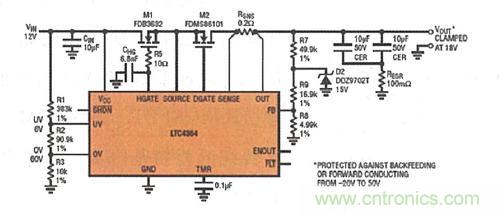 圖8:LTC4364 提供了針對過壓、短路或反向電壓的內(nèi)置輸出端口保護(hù)功能