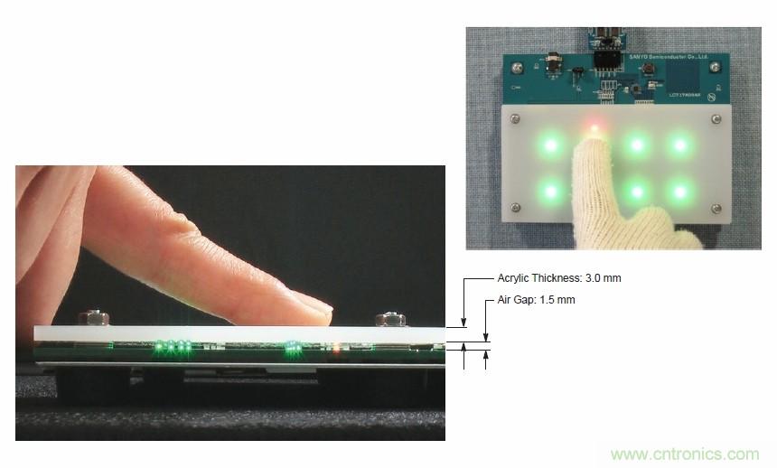圖7. 安森美半導(dǎo)體電容式觸摸傳感器具有高度靈敏度，支持戴手套觸摸，支持含氣隙應(yīng)用
