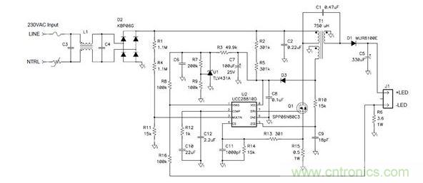 該拓撲不僅可提供良好功率因數，而且還符合EN61000-3-2C類標準