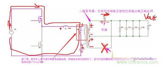 上管開通，注意諧振電感、勵磁電感、諧振電容的正負