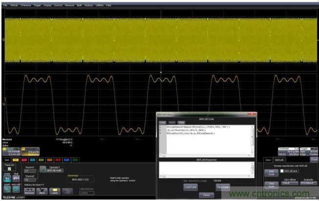 這個嵌入式MATLAB腳本用于解調調頻載波，并顯示調制波形。編輯框允許用戶不離開示波器環境就能完成腳本的創建或編輯。