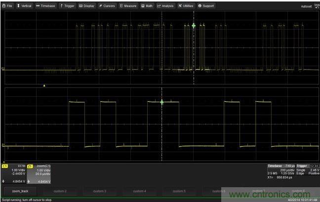 使用CustomDSO運行VB腳本&ldquo;zoom_Track.lss&rdquo;。當腳本運行時，縮放波形的中心將跟蹤水平的光標絕對位置。從圖中可以看出，光標將永遠位于縮放波形Z1的中心