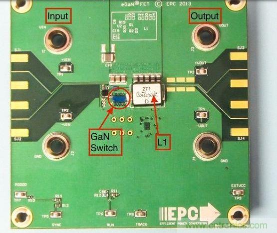 演示板用于顯示GaN的EMI。該GaN組件被圈定，我會在L1左側(cè)測量切換的波形。