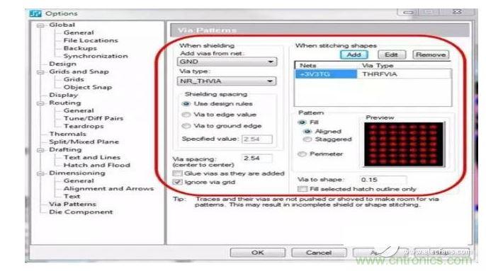 利用支持射頻設(shè)計(jì)的PCB 設(shè)計(jì)工具，您可以設(shè)置用于生成過孔模式的設(shè)計(jì)規(guī)則，并自動(dòng)在您的設(shè)計(jì)中強(qiáng)制實(shí)施這些規(guī)則，從而節(jié)省您的時(shí)間和確保符合您的所有設(shè)計(jì)規(guī)則。