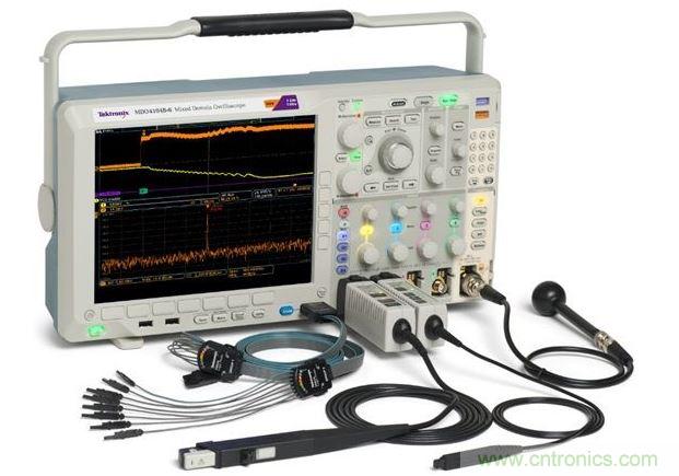 混合域示波器(MDO)將頻譜分析儀、示波器和邏輯分析儀組合在一臺儀表內，可以從全部三臺儀器中產生同步的而且與時間關聯(lián)的測量結果。圖中顯示的是泰克公司的MDO4000B。
