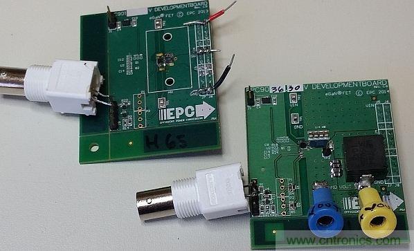 圖1:這里僅在左側的電路板上配備了半橋配置,右側的電路板配備了完整的DC-DC轉換器。香蕉插座可將測試板連接至電子負載。通過BNC連接器可連接至外部脈沖發生器。