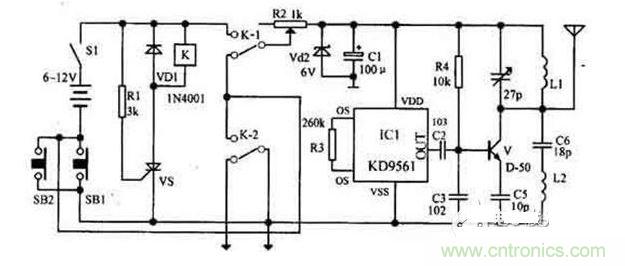 【導(dǎo)讀】隨著環(huán)保意識的增強，電動車已大量進(jìn)入我們家庭，成為部分人必不可少的交通工具。如何防止電動車被盜則是車主十分關(guān)心的問題，為此，出現(xiàn)了各類電動車防盜鎖。除此之外呢？還有什么好的方法防盜呢？我們?yōu)榇蠹医榻B一款電動車防盜報警器電路圖。  各類電動車防盜鎖大量涌出，但是，電動車被盜現(xiàn)象仍層出不窮，較高級的電動車防盜鎖在短時間內(nèi)難以破壞，盜賊便將電動車搬上其它車輛上盜走，這樣，再高級的防盜鎖也顯得無能為力了。鑒于此，我們?yōu)榇蠹医榻B一款電動車防盜報警器電路圖。 1 報警器發(fā)射機部分是由繼電器K和可控硅VS用來控制發(fā)射機電路的電源。IC1組成警聲信號電路。晶體管V及其外圍元件組成射頻振蕩電路，發(fā)射報警信號。  在等待狀態(tài)時，開關(guān)S1接通，而SB1斷開（即車頭鎖被鎖住），K就處在釋放狀態(tài)，報警發(fā)射機不工作。當(dāng)車頭鎖被打開時（即SB1接通），VS被觸發(fā)導(dǎo)通，K吸合，接通發(fā)射機電源。SB1接通后，K-2的常開點將其自鎖，此時只有斷開S1報警方能結(jié)束。在K動作時，其常閉觸點K-l斷開，切斷發(fā)動機點火電路。  接收機電路由TDA7010和開關(guān)功放TWH8778、TWH68組成。當(dāng)IC2 收到報警信號時其互腳的高電平通過IC3經(jīng)IC4放大由TWH15放出報警聲。但要考慮到頻率的穩(wěn)定性，因為7010自身沒有頻率穩(wěn)定電路，在工作時要多作檢測，最好用印制板和貼片元件。  按上述操作方法停放車輛后，報警器即進(jìn)入待報警狀態(tài)。在待報警期間，只要有人無論用什么方法打開車頭鎖或搬移車輛，都將觸發(fā)報警器報警不停，并切斷發(fā)動機電源使車輛無法起動，直至車主人趕來將點火鑰匙插入點火鎖內(nèi)轉(zhuǎn)到關(guān)的位置，報警才能解除。