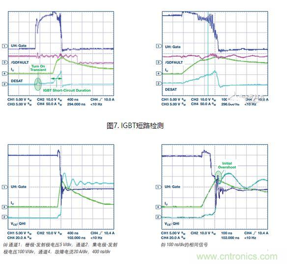 過流關斷時序延遲（通道1：柵極-發射極電壓10 V/div；通道2：來自 控制器的PWM信號5 V/div；通道3：低電平有效跳變信號5 V/div；100 ns/div）