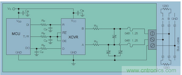 在高暴露環(huán)境中的RS-485總線的電路保護(hù)示意圖中，上圖類似&ldquo;Z&rdquo;字形的符號(hào)可代表多種過壓保護(hù)解決方案，包括Q2L系列SIDACtor保護(hù)晶閘管(圖7)。